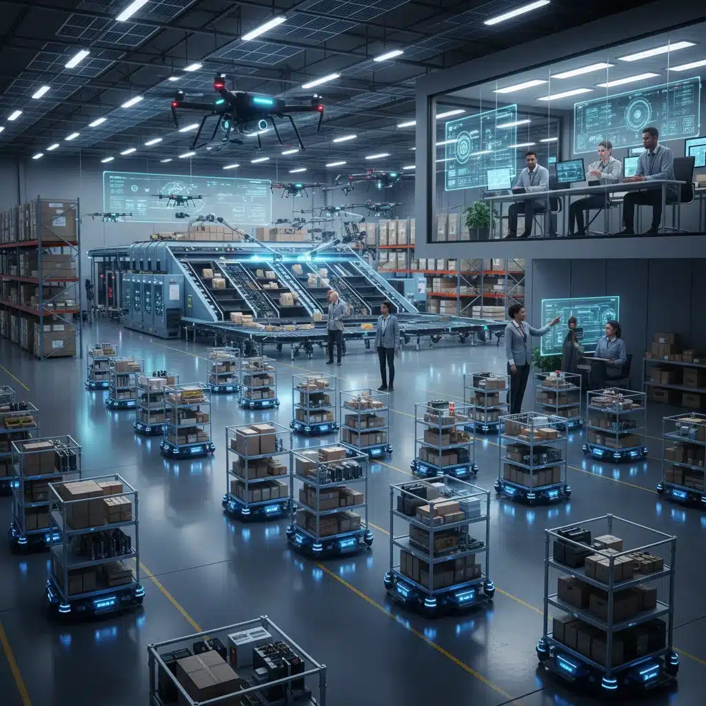 Automated warehouse with robots, drones, and AI for optimized logistics