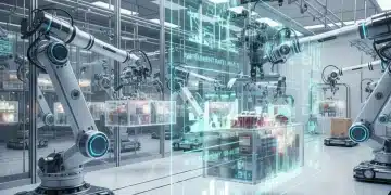 Futuristic automated warehouse with robots managing inventory for online stores