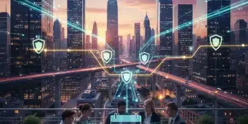 Business Continuity Planning 2026: Preparing US Companies for Unforeseen Operational Disruptions Modern cityscape with digital data overlays and a diverse business team collaborating on strategic planning for 2026 business continuity.