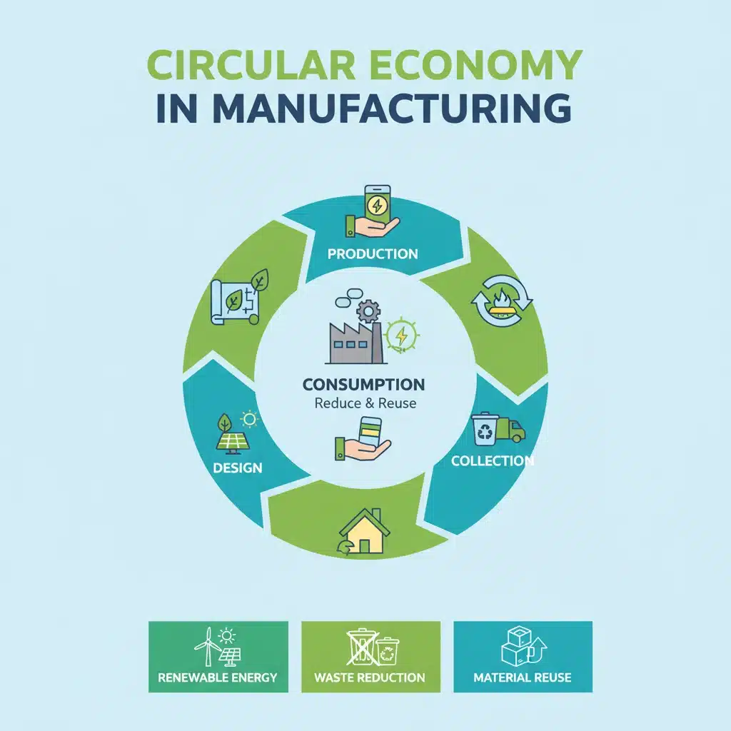 Circular economy infographic detailing material flow and waste reduction in manufacturing.