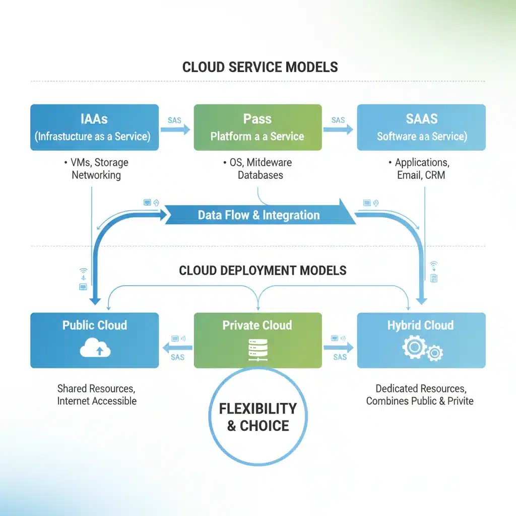 Diagram of cloud service and deployment models for business scalability