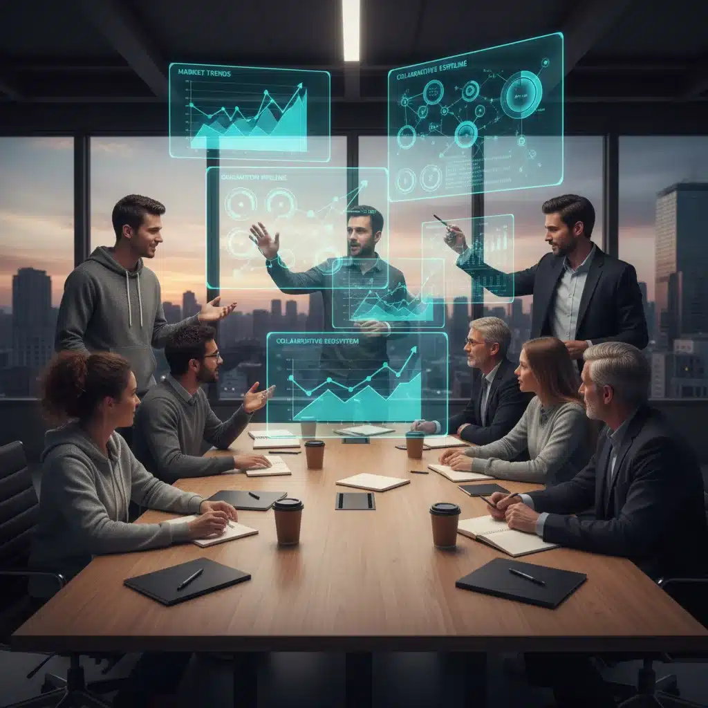 Startup founders and corporate executives collaborating on innovative ideas.