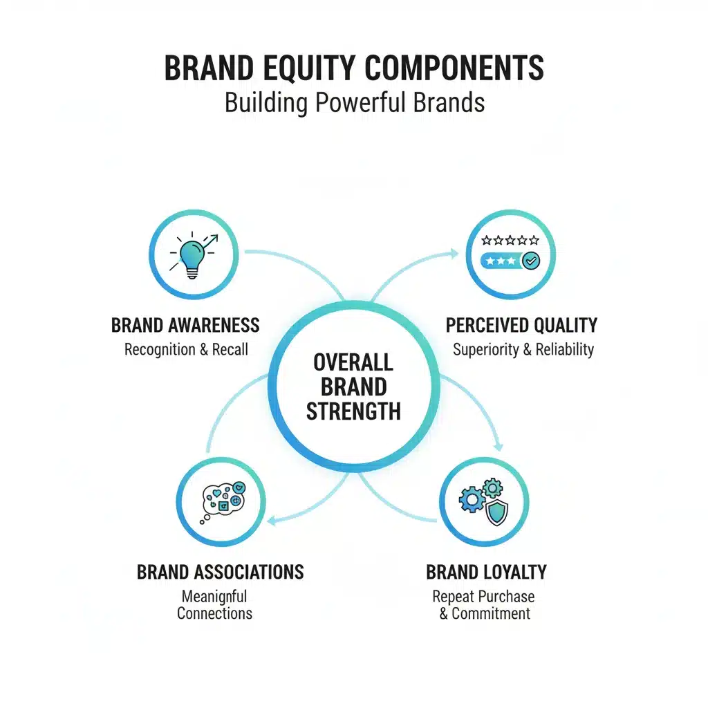 Infographic showing components of brand equity: awareness, quality, associations, loyalty.
