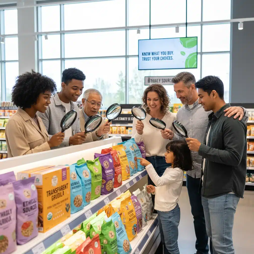 Consumers examining product labels with magnifying glasses, symbolizing informed decision-making based on transparent and ethical product information.