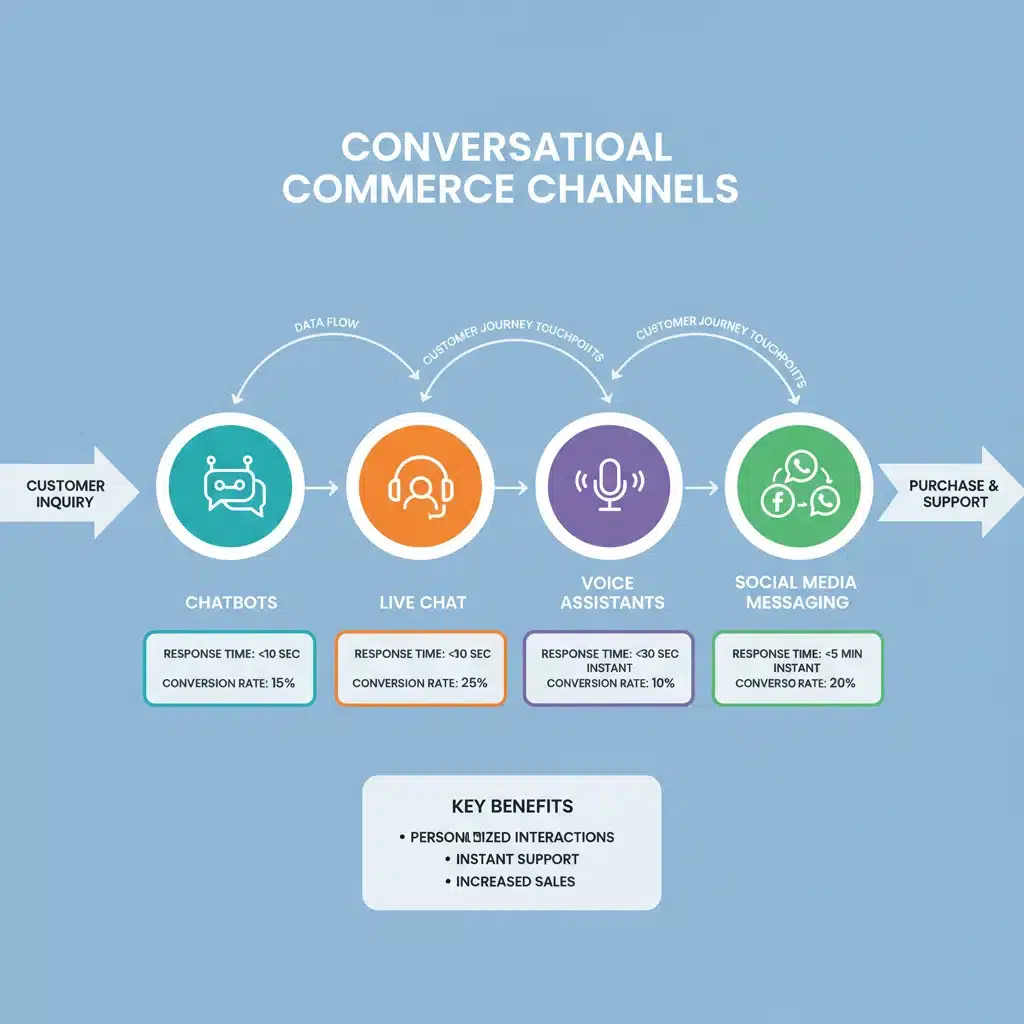 Infographic displaying various conversational commerce channels and their impact on customer journey.