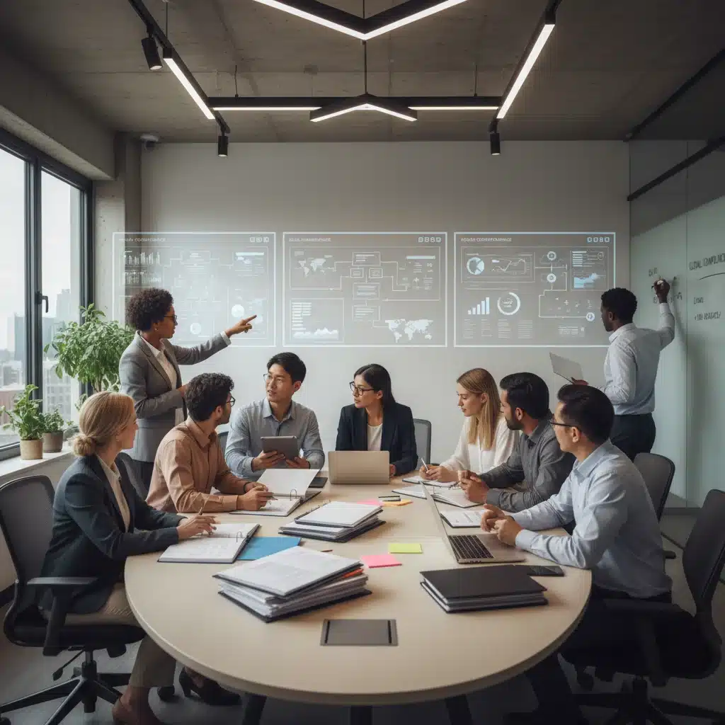 Team collaborating on regulatory compliance in a tech startup office.