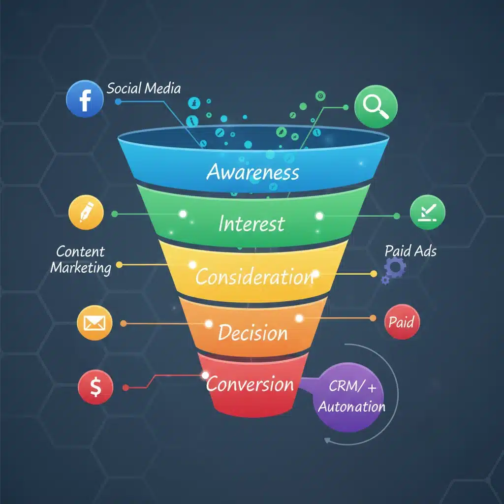 Customer journey funnel illustration with digital marketing channels