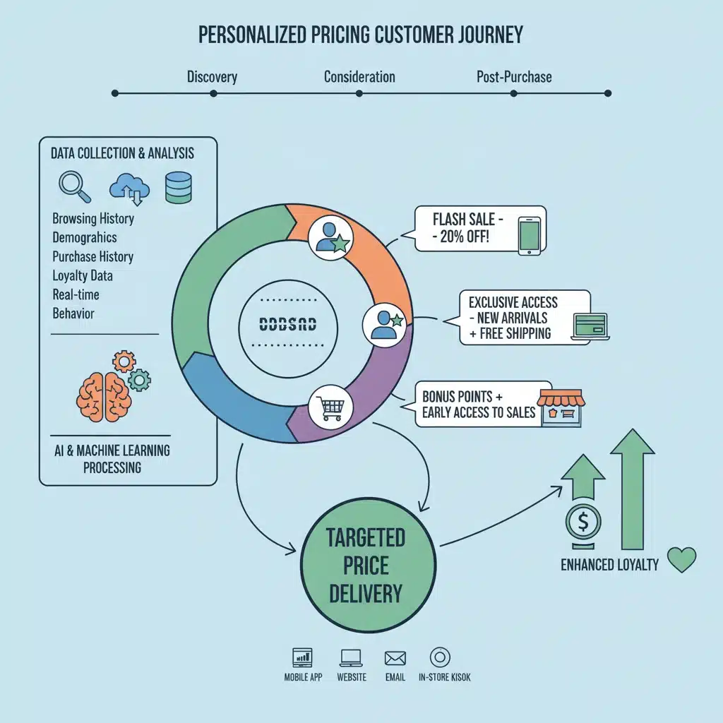 Infographic illustrating personalized pricing touchpoints across a customer journey map for different segments.