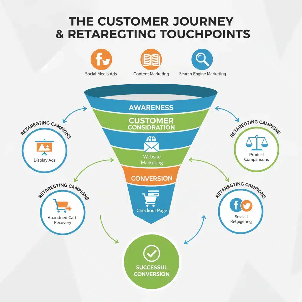 Customer journey map with retargeting touchpoints and conversion funnel