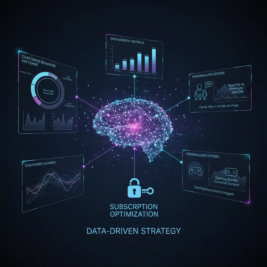 Data analytics dashboard showing customer segmentation and personalized offers for subscriptions.