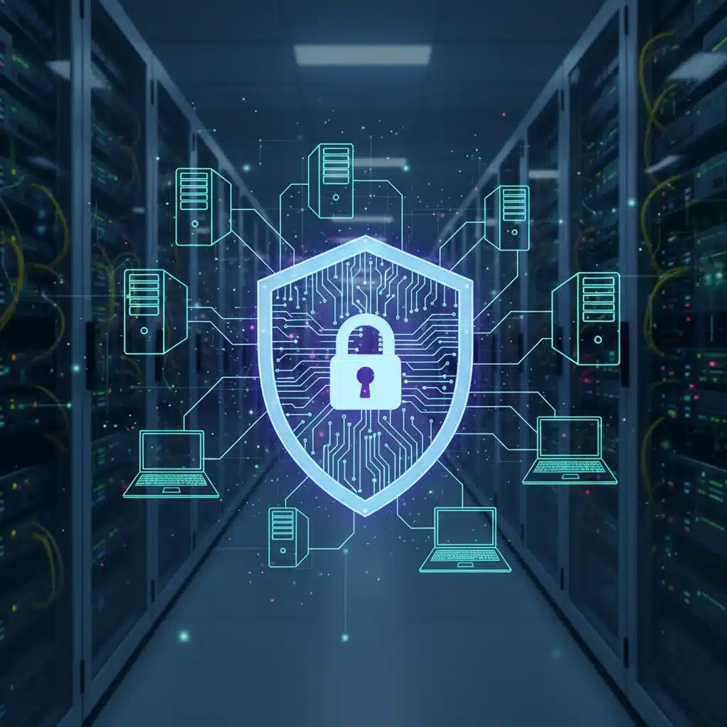 Cybersecurity shield protecting a network of digital data.