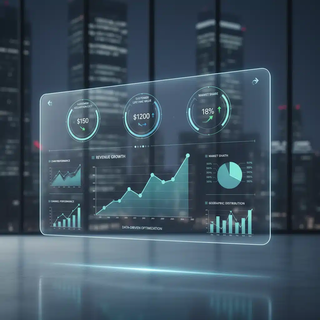 Data visualization dashboard displaying rising KPIs for customer acquisition and market share, indicating successful growth hacking.