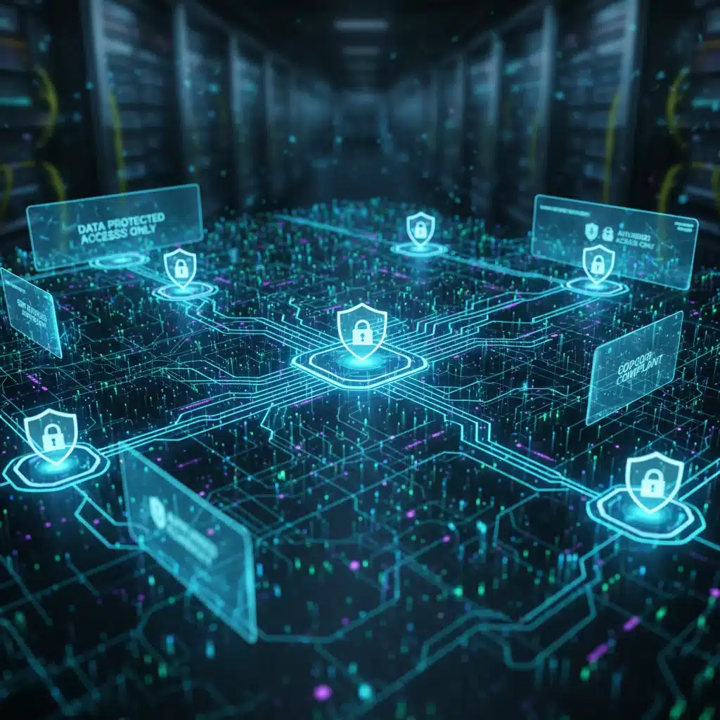 Intricate network of data streams with security measures, illustrating retail compliance infrastructure.