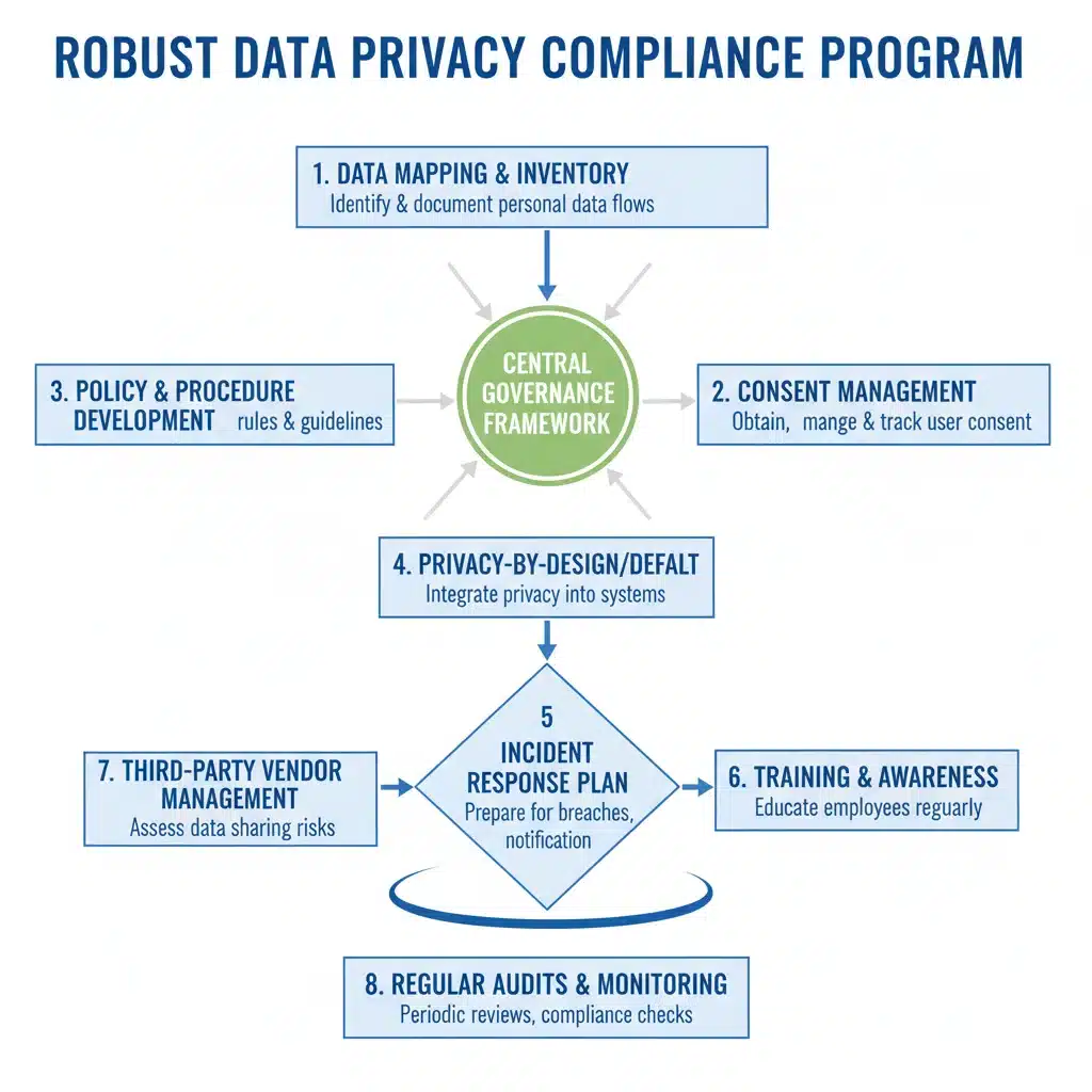 Flowchart depicting a data privacy compliance program for tech startups.