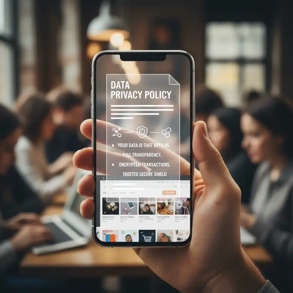 Smartphone showing transparent data privacy policy, emphasizing secure online interactions and consumer trust.