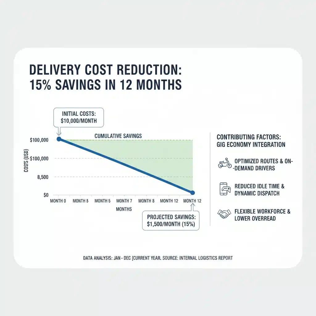 Infographic showing a 15% reduction in retail delivery costs over 12 months due to gig economy integration.