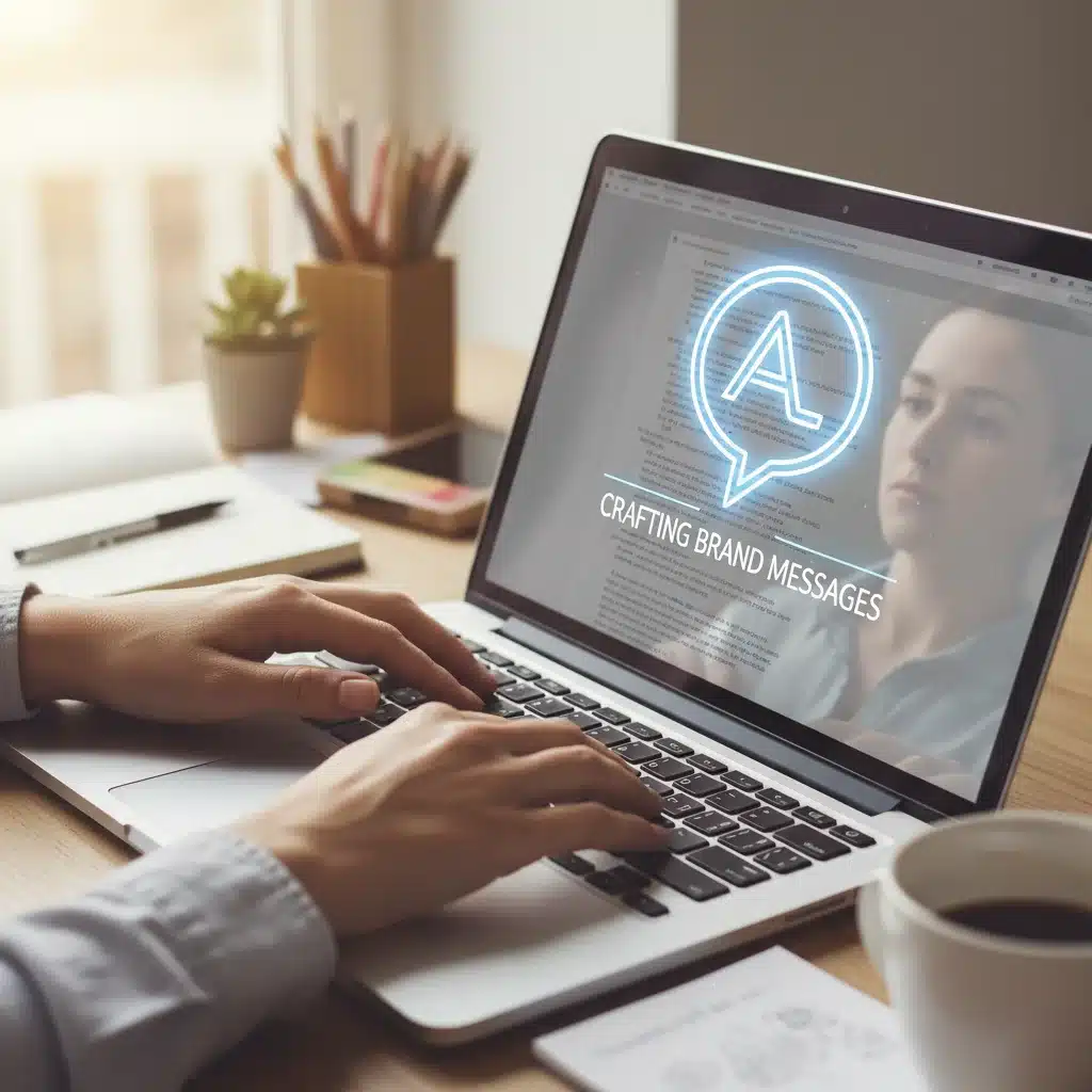 Hands typing on laptop, digital speech bubble symbolizing brand communication