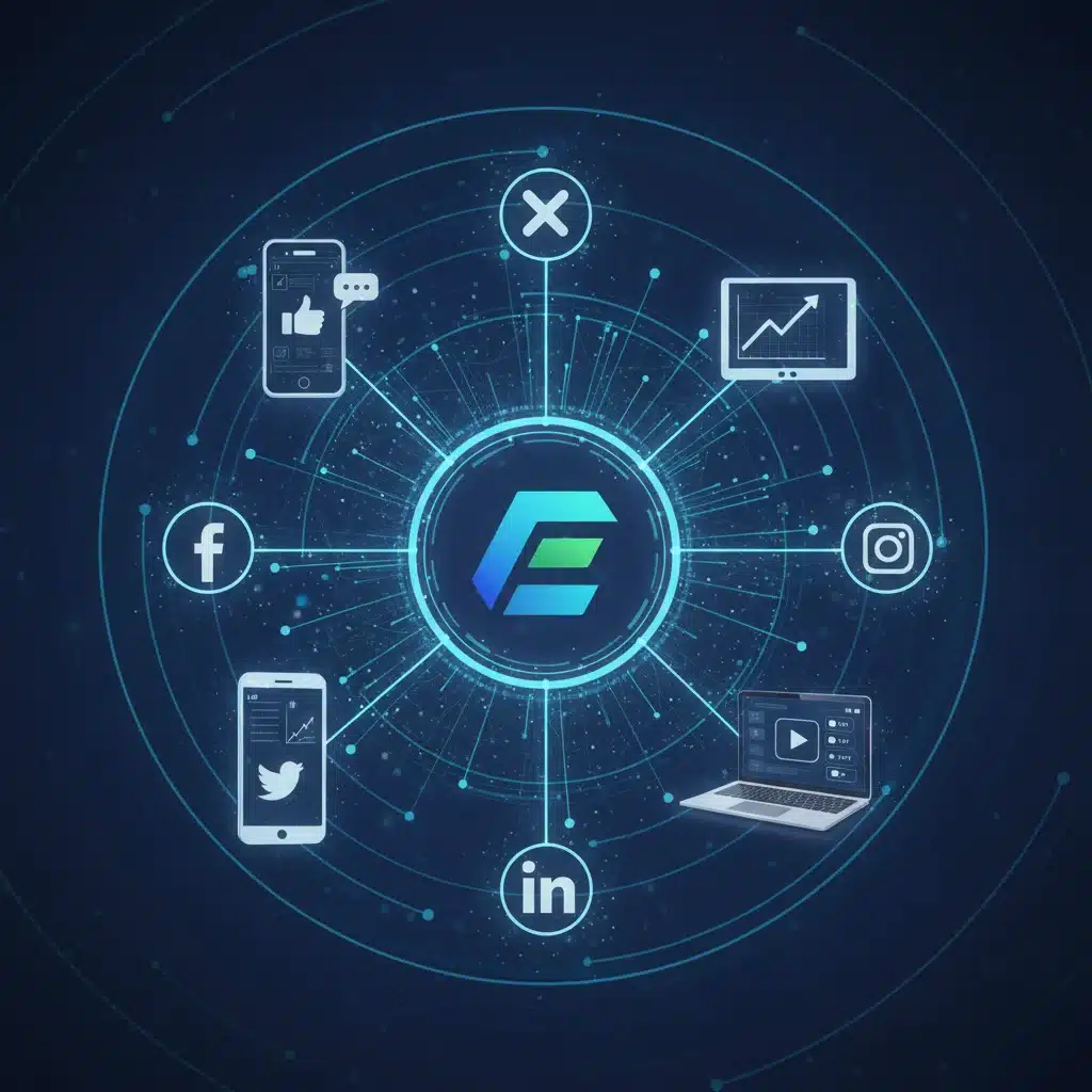 Digital marketing ecosystem showing interconnected devices and social media for brand reach.