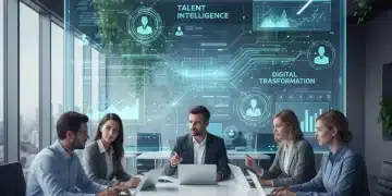 Professionals collaborating in a digital work environment, representing modern talent management strategies.