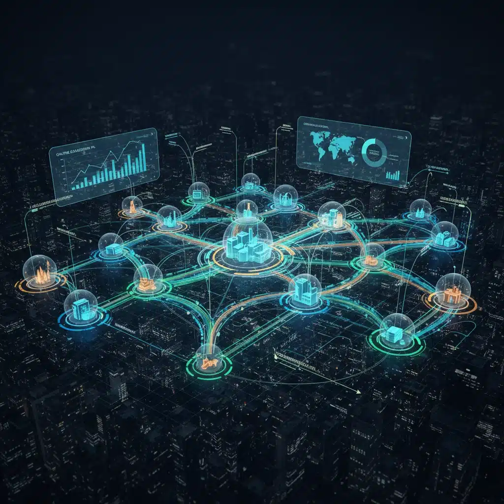 Interconnected nodes representing a digital vendor network and supply chain collaboration, emphasizing technology in vendor management.