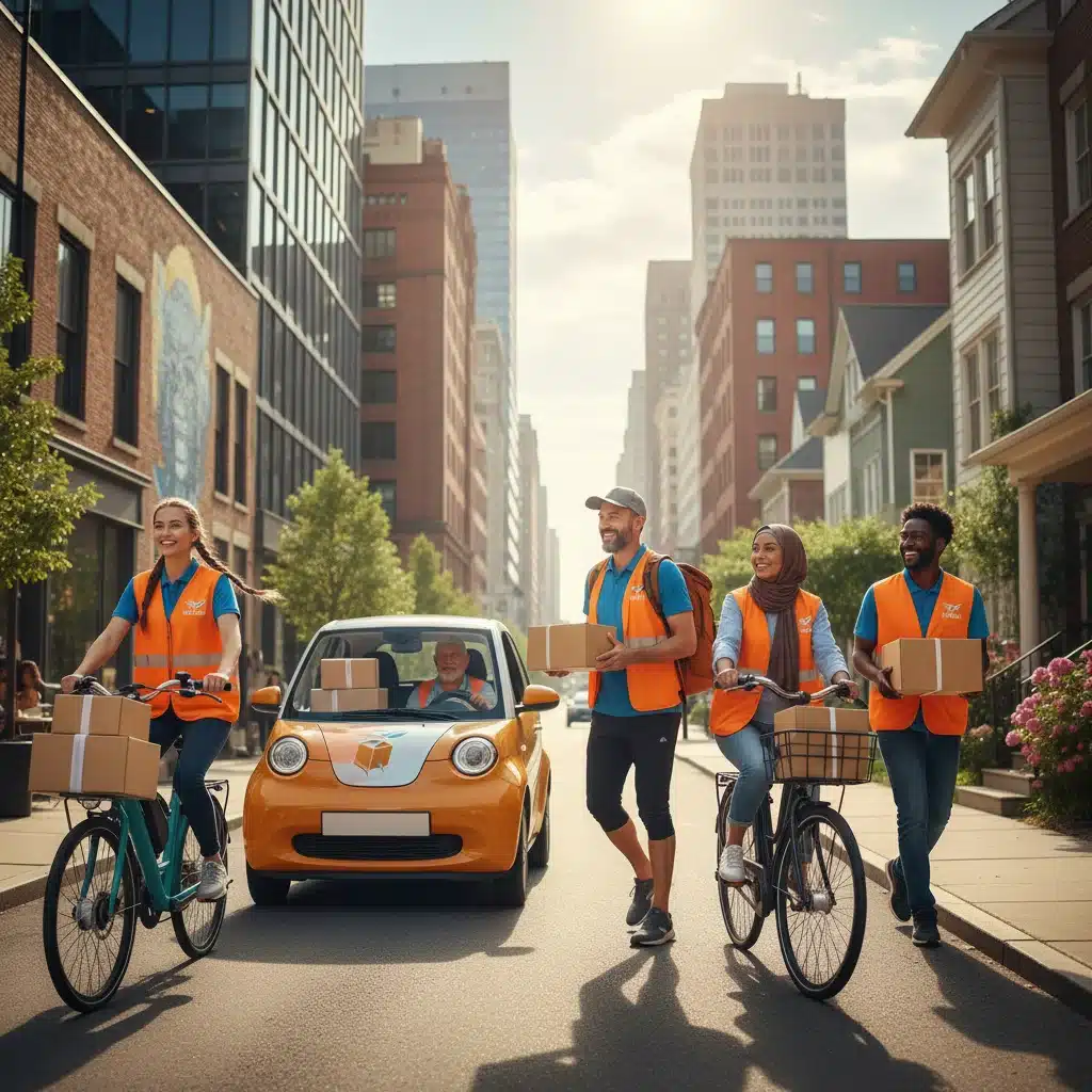 Diverse gig workers delivering packages in urban and suburban environments, showcasing last-mile flexibility.