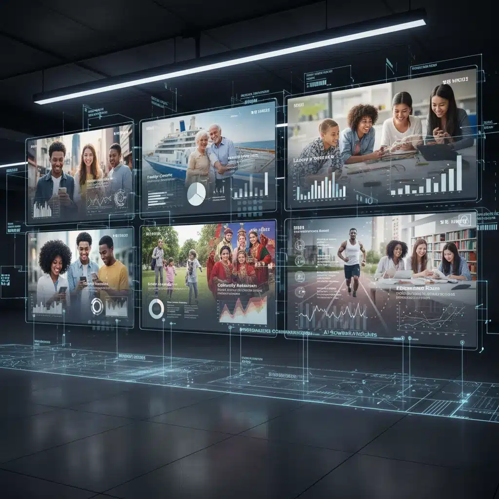 Digital screens displaying diverse marketing campaigns and analytics.