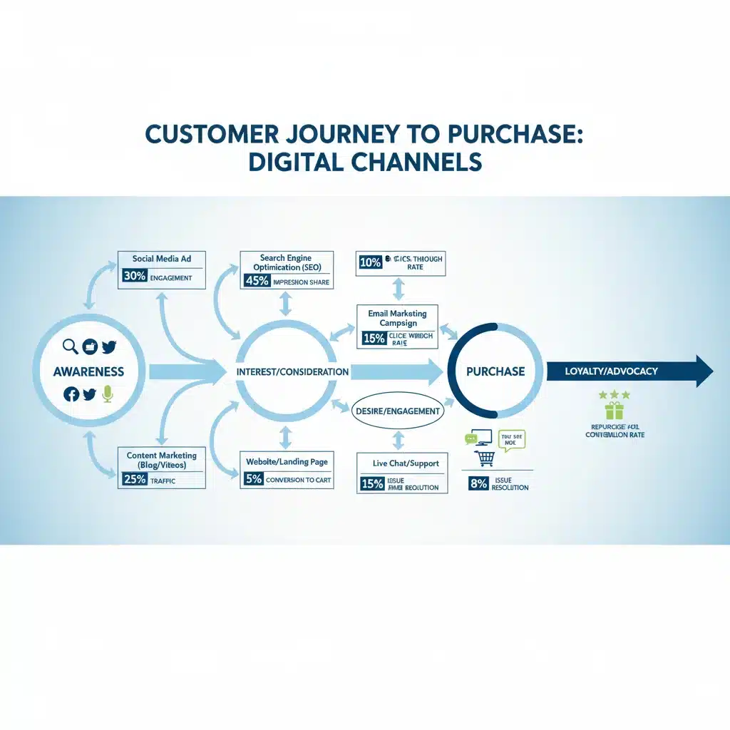 Infographic depicting the e-commerce customer journey with focus on multi-channel engagement.