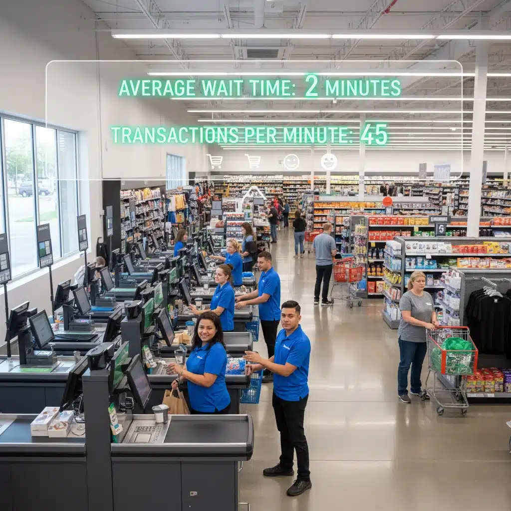 Busy retail store with efficient self-checkout kiosks