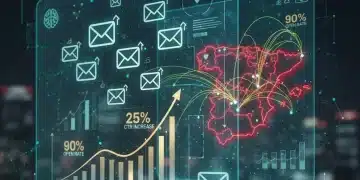 Panel de control de email marketing futurista con gráficos de rendimiento en España