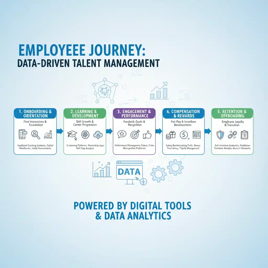 Infographic showing the employee journey with digital tools and data analytics for talent management.