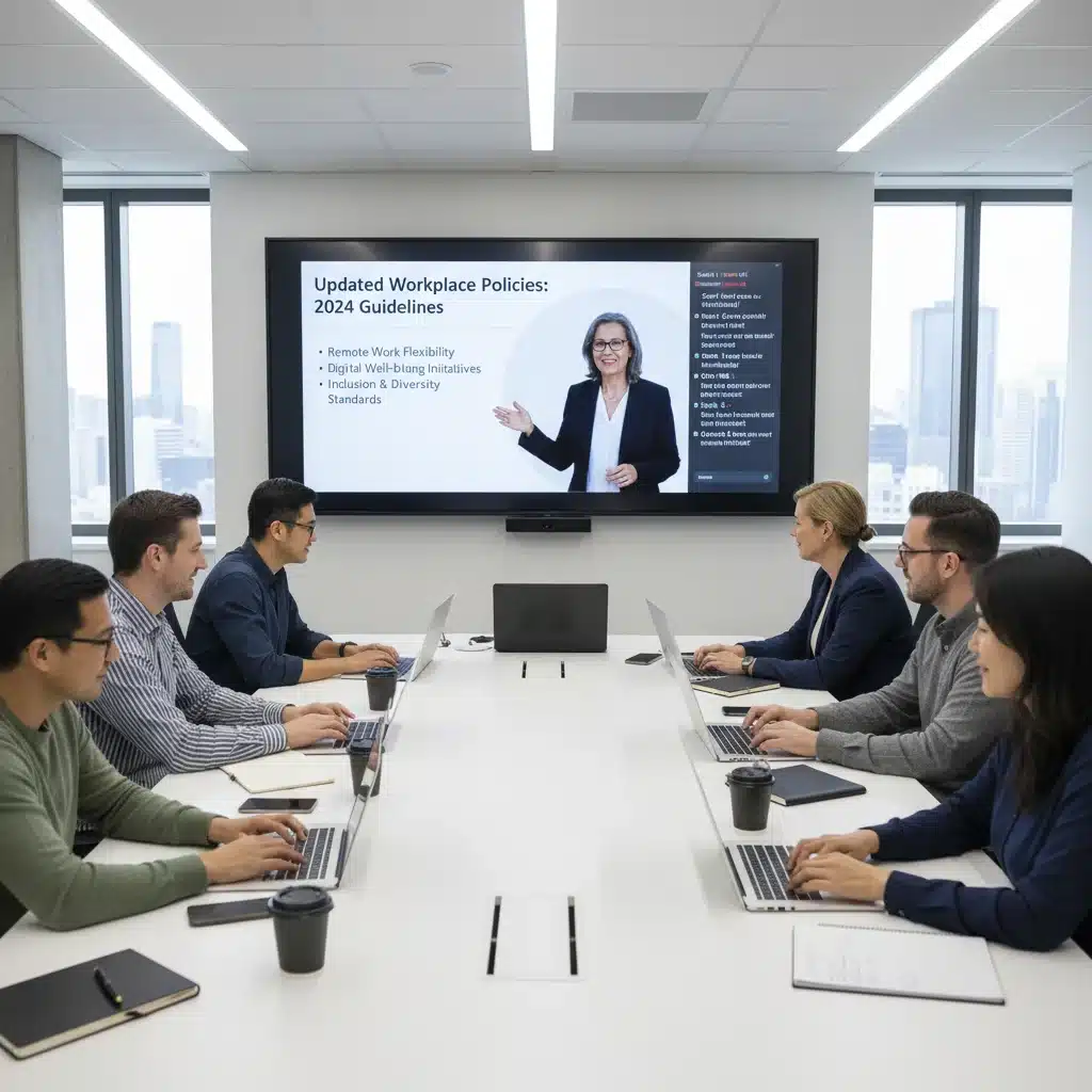 Employees attending an online training session on new workplace policies