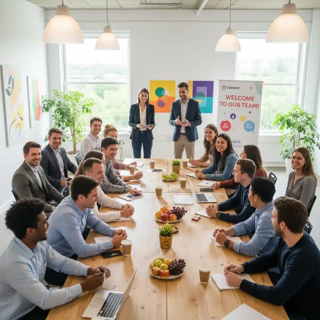 Diverse new employees engaging in a welcoming onboarding session, demonstrating successful integration and positive company culture.