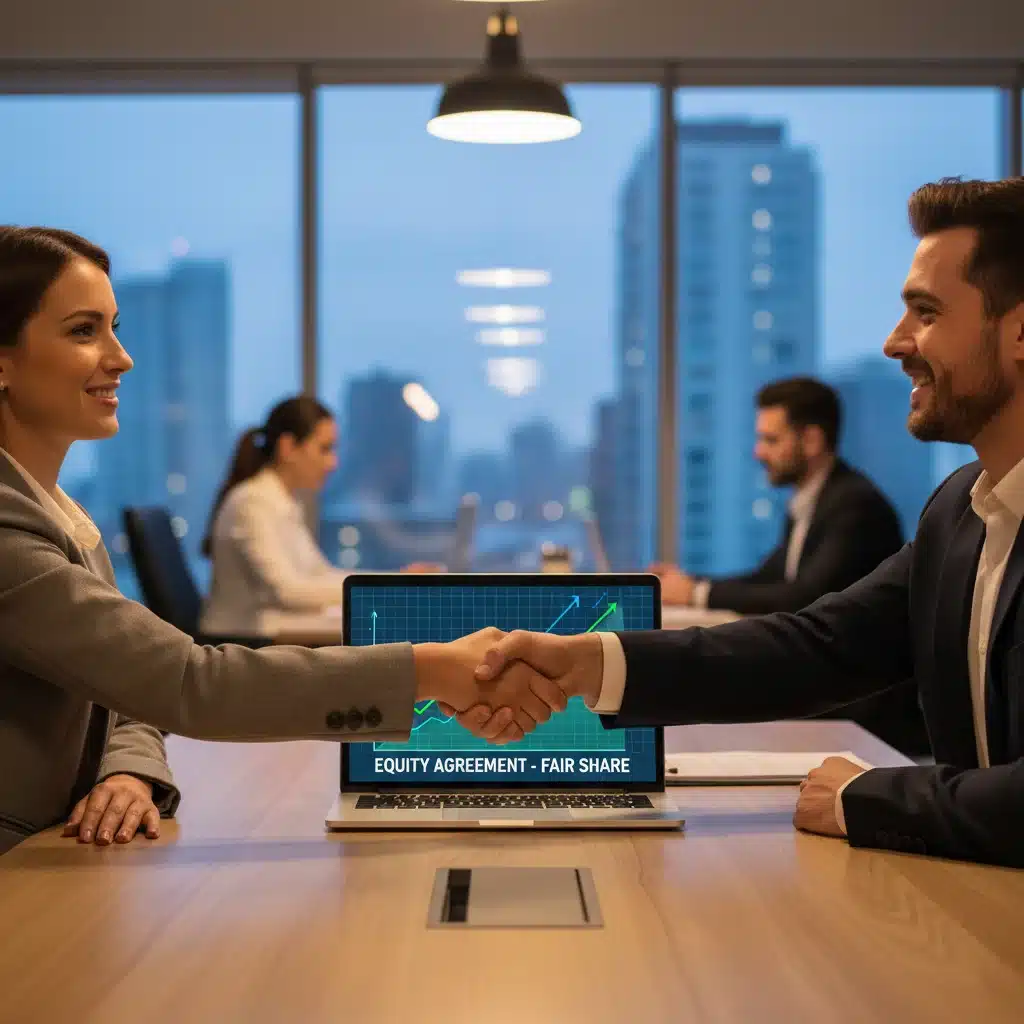 Founders shaking hands over a laptop, symbolizing a fair equity agreement.