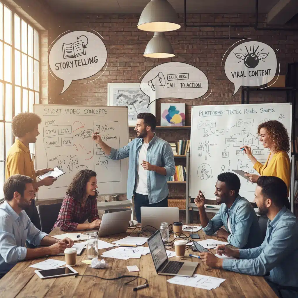 Equipo de marketing creando estrategias de vídeo corto para TikTok y YouTube Shorts.