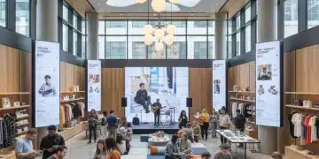 Vibrant modern US retail space with interactive digital displays and engaged shoppers.