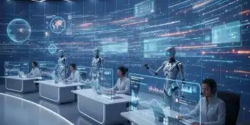 Futuristic customer service center with AI, robots, and data interfaces representing 2026 automation impact.