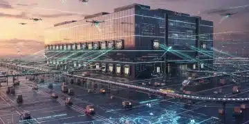 Futuristic logistics hub with autonomous drones and AGVs optimizing e-commerce delivery across the US.