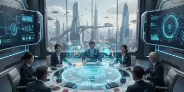 Business team analyzing real-time operational data on a holographic display in a modern office.