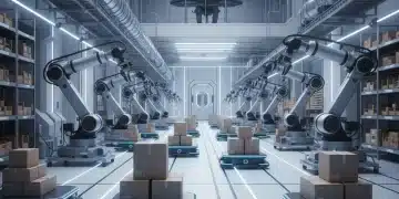 Robotics and automation transforming a modern US warehouse, reducing operating costs.