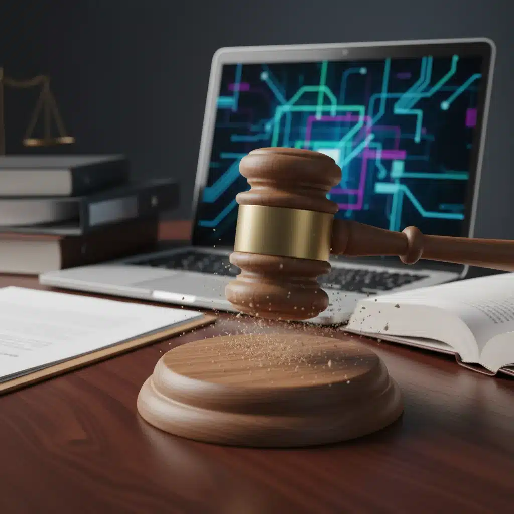 Gavel on a table with digital elements, symbolizing legal enforcement.