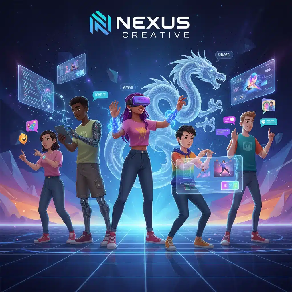 Gen Z avatars collaborating on UGC in metaverse brand space