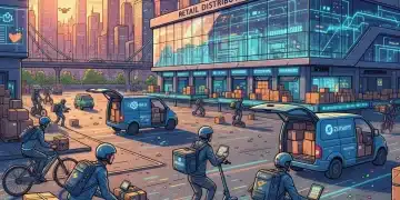 Gig economy drivers converging on a retail distribution center for efficient package delivery.