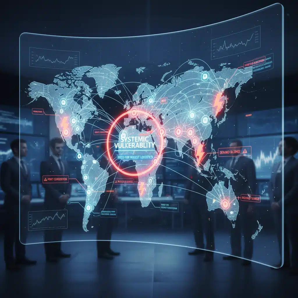 Disrupted global supply chain network with highlighted risk points.