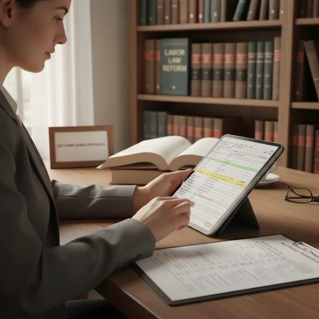HR professional reviewing new labor law compliance documents on a tablet