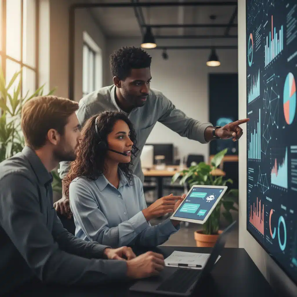 Customer service team collaborating with AI chatbot and data analysis for enhanced service.