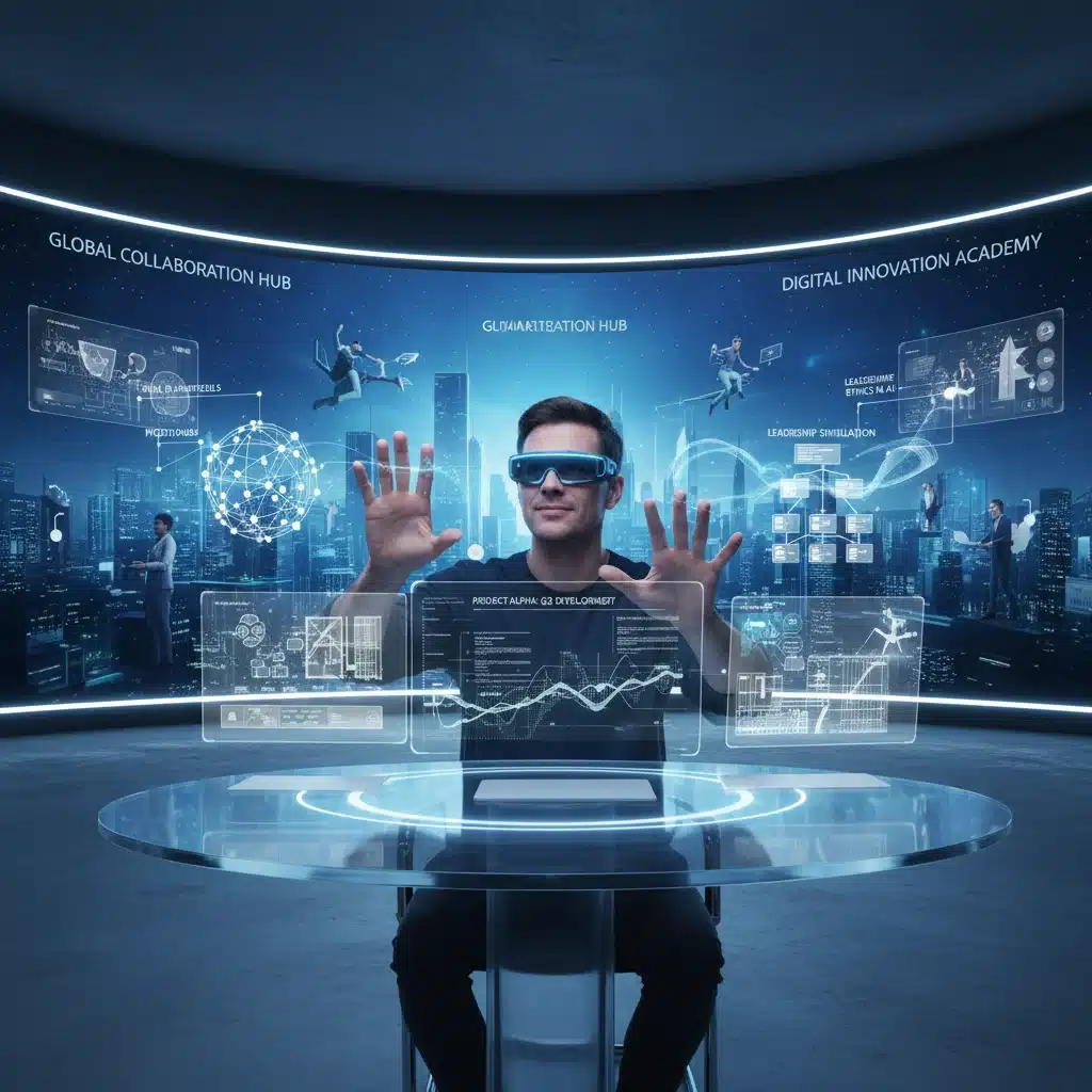 Person using VR glasses for immersive learning in a virtual workspace, highlighting future training methods.