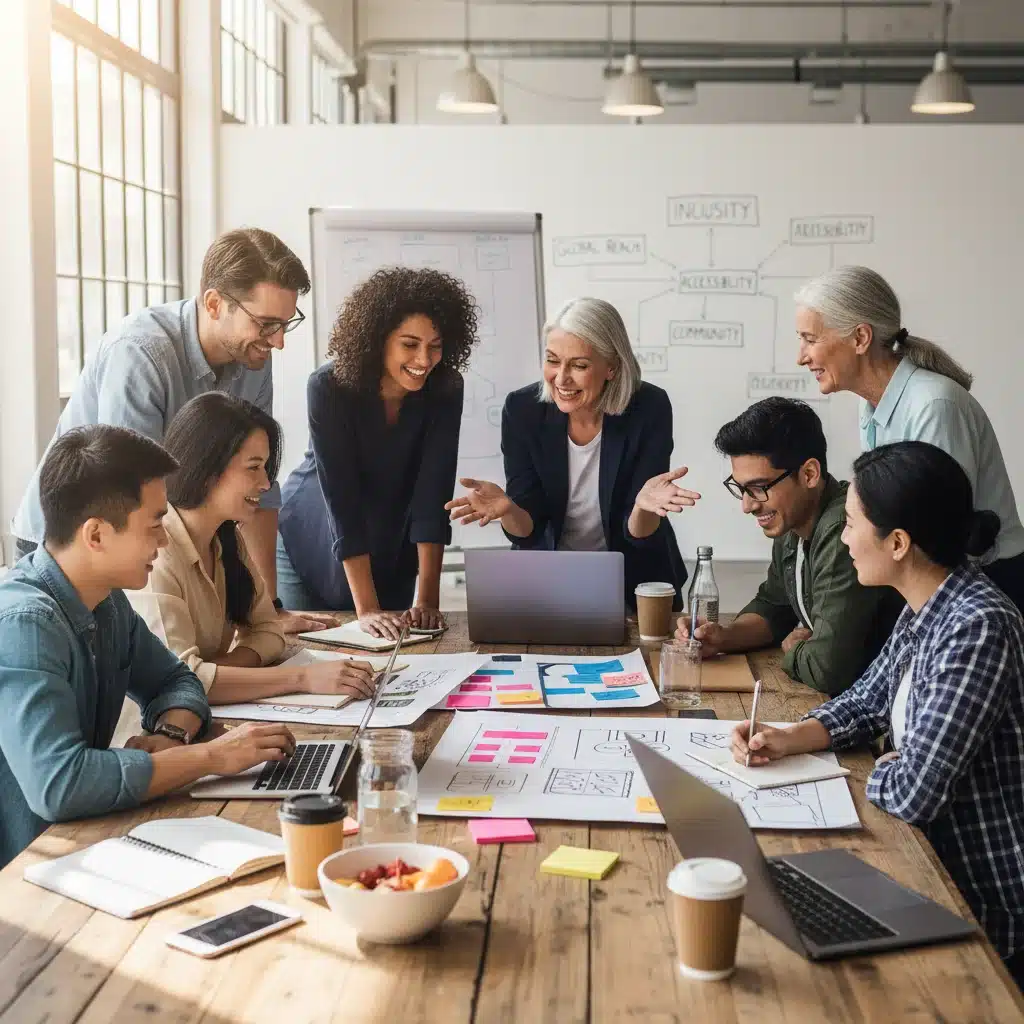 Diverse team collaborating on inclusive brand strategy development.