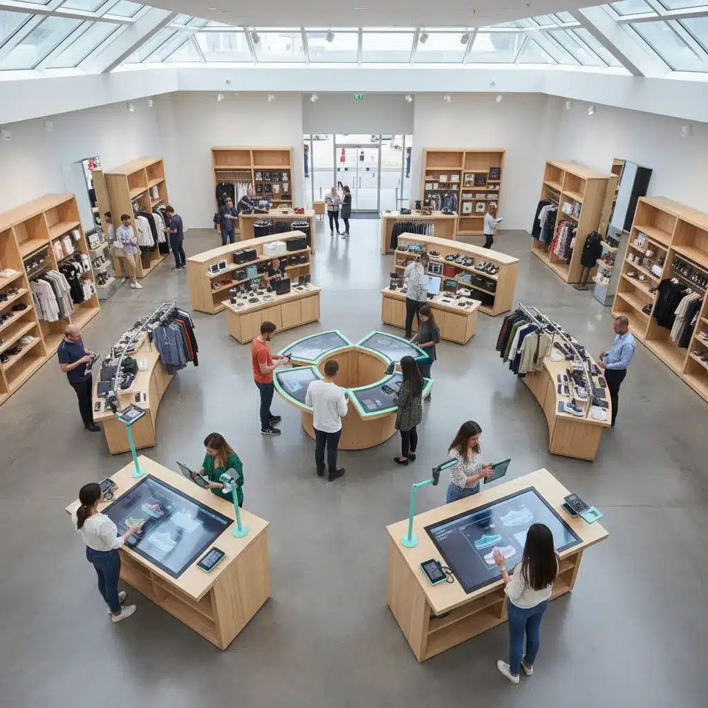 Diverse customers engaging with physical products and in-store digital kiosks, showcasing integrated retail experience