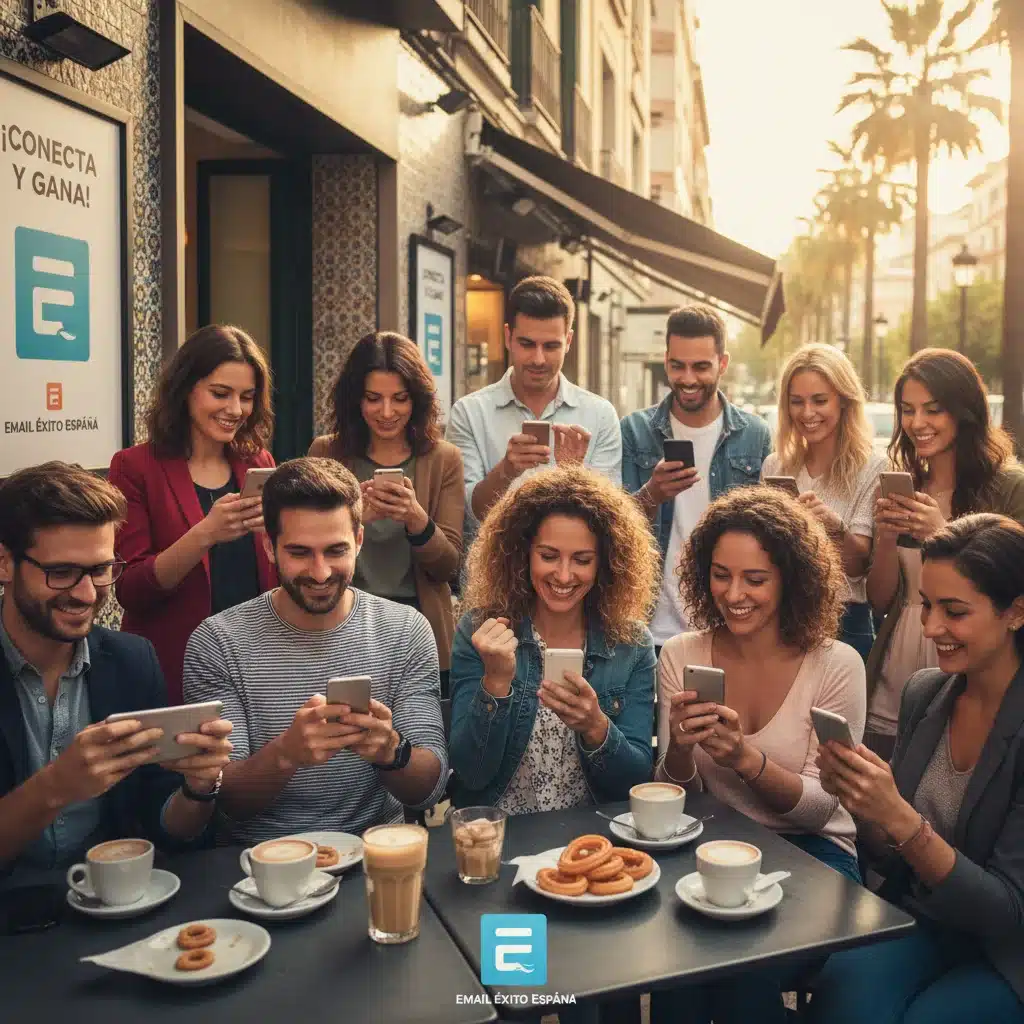 Diversas personas en España interactuando con sus dispositivos móviles, recibiendo emails