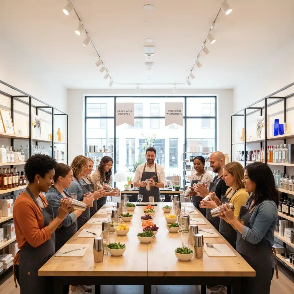 Shoppers engaged in an interactive workshop inside a retail store, learning a new skill.
